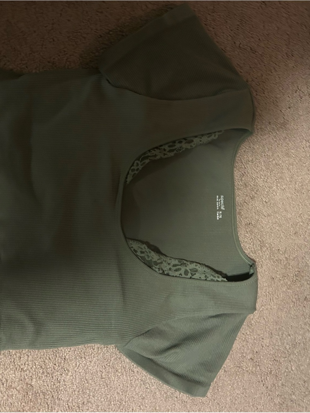 Women's Olive Scoop Neck Lace-Trim Ribbed cropped Top